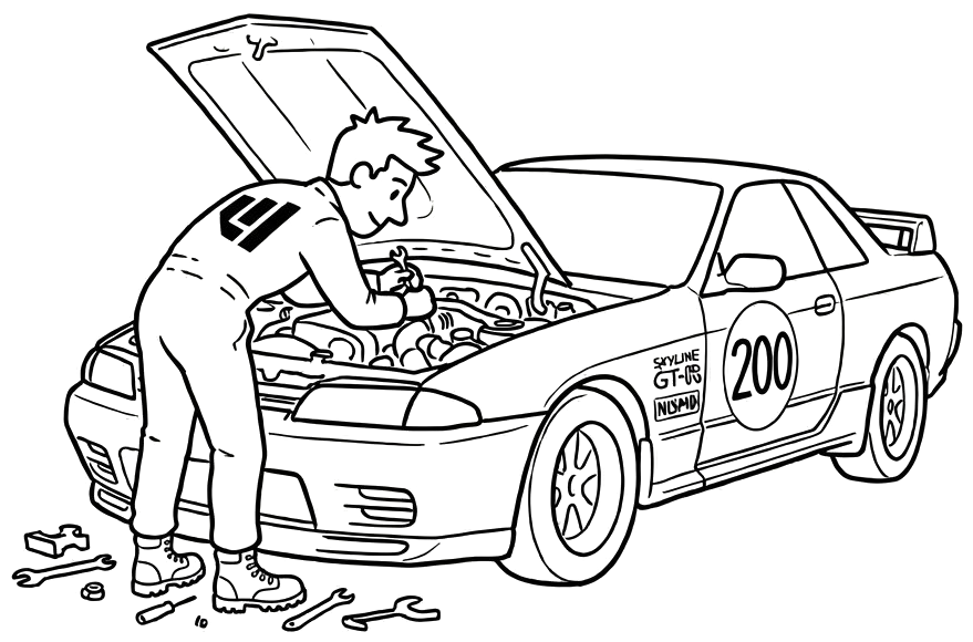 Cartoon of a mechanic working under the hood